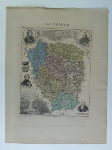 Seine-et-Oise (Frankreich) - Colorierte lithographische Karte mit schnen klaren Detailansichten. Wappen, Persnlichkeiten und Ortsansicht