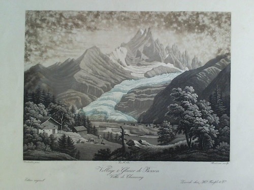 Chamouny - Village & Glacier de Bosson, Valle de Chamouny - Teilcolorierte Aquatinta-Radierung, von Bodmer, nach Winterlin