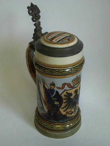(Mettlach Steinkrug) - Preuen (um 1880). Text (Deckel): Lieb Vaterland, magst ruhig sein. - Keramik-Zinnkrug 0,5 L, eingearbeiteter Deckel