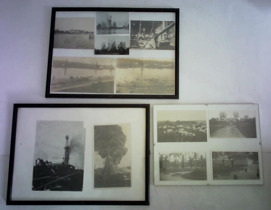 (Myanmar / Birma, frher Burma) - 11 original Fotografien mit verschiedenen Stadtansichten sowie Erdl-Industrieanlagen in 3 Rahmen
