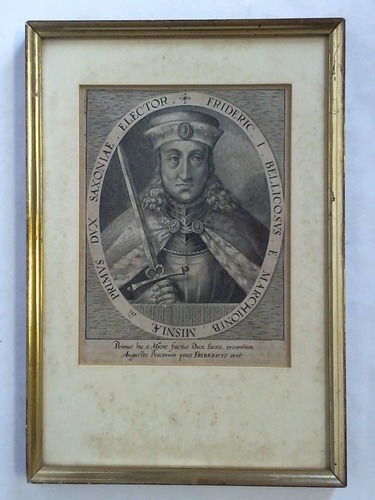 Friedrich I., der Streitbare (29. 3. 1369 zu Altenburg/Thr. - 4. 1. 1428 ebenda, begraben im Dom zu Meien) - Markgraf von Meien, seit 1423 Kurfrst von Sachsen - Brustportrt im Kupferstich, im ovalen Ausschnitt