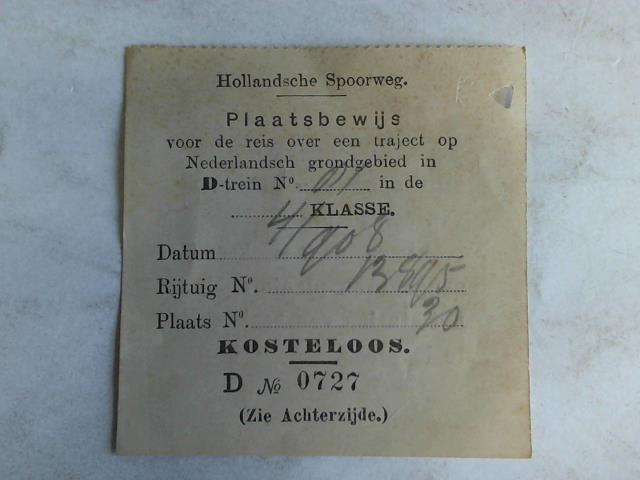 (Eisenbahn-Fahrkarte) - Plaatsbewijs voor de reis over een traject op Nederlandsch grondgebied in D-trein in de 4. Klasse