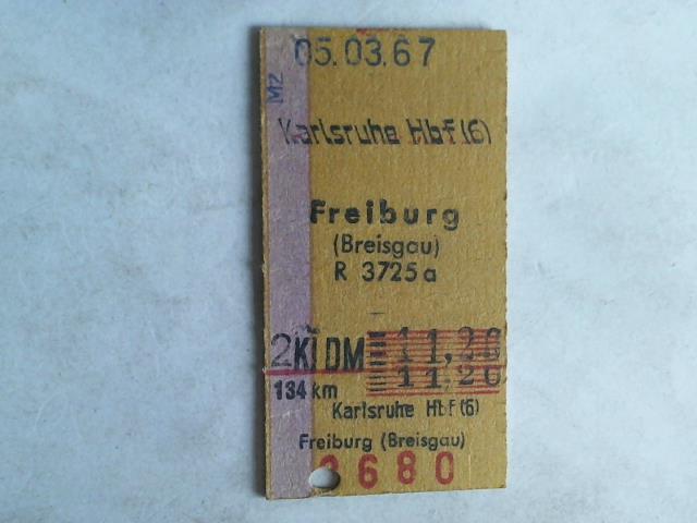 (Eisenbahn-Fahrkarte) - Fahrkarte Karlsruhe - Freiburg (Breisgau). 2. Klasse