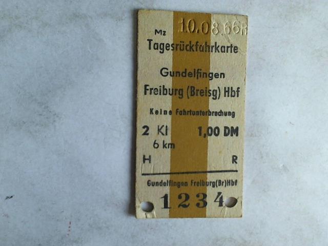 (Eisenbahn-Fahrkarte) - Tagesrckfahrkarte Gundelfingen - Freiburg (Breisg) Hbf. 2. Klasse