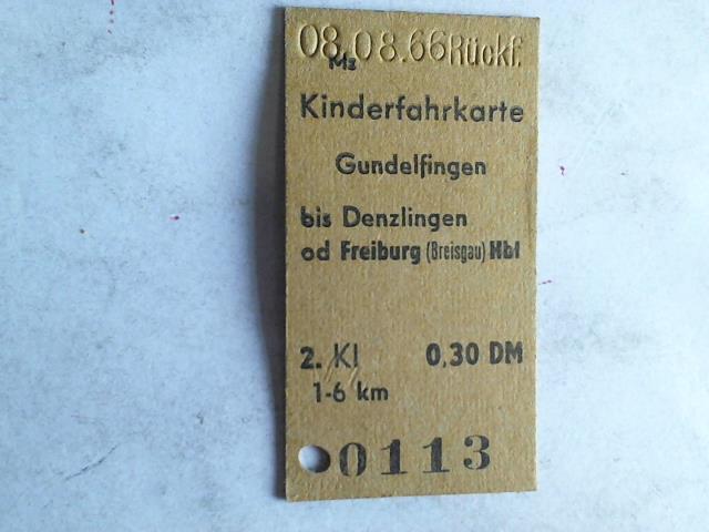 (Eisenbahn-Fahrkarte) - Kinderfahrkarte Gundelfingen bis Denzlingen od Freiburg (Breisgau) Hbf. 2. Klasse