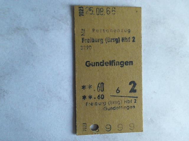 (Eisenbahn-Fahrkarte) - Fahrkarte Personenzug Freiburg (Brsg) Hbf 2 - Gundelfingen