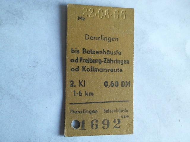 (Eisenbahn-Fahrkarte) - Fahrkarte Denzlingen bis Batzenhusle od Freiburg-Zhringen od Kollmarsreute. 2. Klasse
