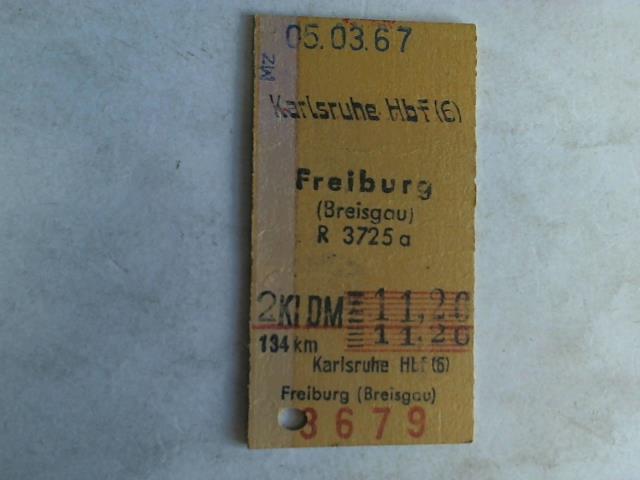 (Eisenbahn-Fahrkarte) - Fahrkarte Karlsruhe Hbf (6) - Freiburg (Breisgau). 2. Klasse