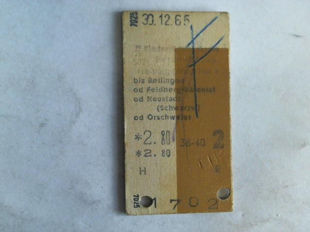 (Eisenbahn-Fahrkarte) - Kinderrckfahrkarte Personenzug Freiburg (Bresg) Hbf 4 bis Bellingen od Feldberg-Brental od Neustadt (Schwarzw) od Orschweier