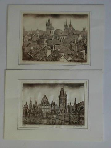 (Prag) - 2 Radierungen mit Ansichten des Prager Doms und der Karlsbrcke