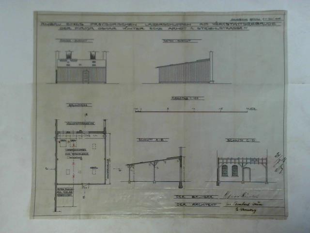 (Architektur-Entwurf) - Anbau eines provisorischen Lagerschuppen am Werkstttengebude der Firma Oskar Winter, Ecke Arndt & Striehlstrasse. Anlage zum Gesuch v. 11. Juli 1906 - Entwurf der Architekten Bernhard Weise und E. Werner, Hannover