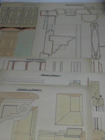 (Architektur-Entwurf) - Speise-Aufzug, Blatt 14, Lemgo, im August 1899 sowie 4 Detailbltter. Zusammen 5 Bltter - Kolorierte Entwrfe von H. Hilse (Hannover/Celle)