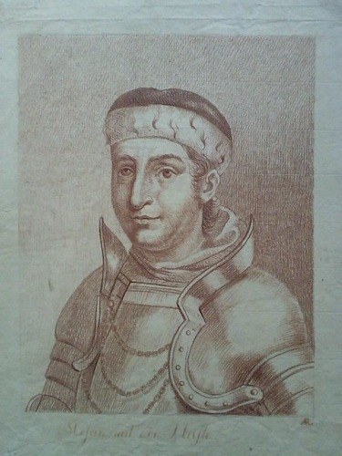 (Stefan II. von Bayern) - Brustbild: Stefan mit der Hafte - Original-Rtelzeichnug auf Btten