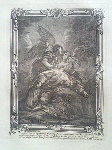 Grignion, Charles (1721-1810) - And being in an Agony, he prayed more earnestly; and his sweat was as were great drops of Blood falling to the Ground. And there appeared an Angel unto him from Heaven, strengthening him. (Luke, Ch. XXII ver. 43, 44) - Kupferstich, nach Ant. Balestra