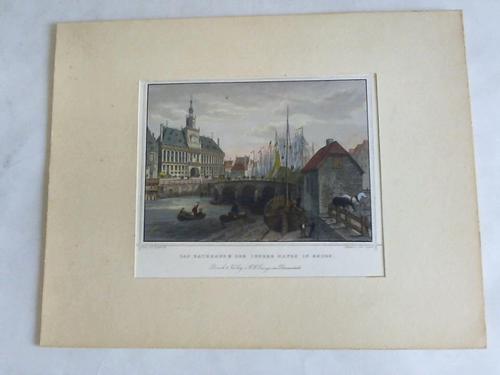 (Emden) - Poppel, Johann - Das Rathaus & der innere Hafen in Emden. Handcolorierter Stahlstich unter Passepartout um 1860