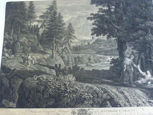 Caracci, Annibale - Landschaft mit Burg im Hintergrund. Kupferstich um 1700. Gestochen von William Woolett (15. August 1735 - 23. Mai 1785)
