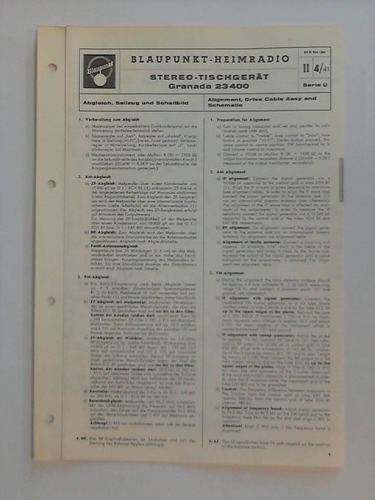 Blaupunkt-Werke GmbH, Hildesheim (Hrsg.) - Blaupunkt-Heimradio: Stereo-Tischgert Granada 23 400, Serie U - Abgleich, Seilzug und Schaltbild