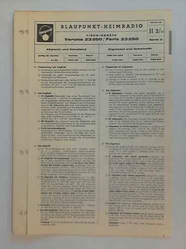 Blaupunkt-Werke GmbH, Hildesheim (Hrsg.) - Blaupunkt-Heimradio: Tisch-Gerte Verona 23 200 / Paris 23 250, Serie U - Abgleich und Schaltbild