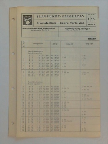 Blaupunkt-Werke GmbH, Hildesheim (Hrsg.) - Blaupunkt-Heimradio: Ersatzteilliste - Spare Parts List, Serie U - Kondensatoren und Widerstnde, Heimradio Serie U, Blatt 1