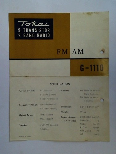 (Japanische Transistorradio) - Tokai 9 Transistor, 2 Band Radio G-1110 FM/AM