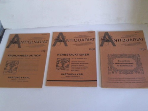 Antiquariat - Zeitschrift fr alle Fachgebiete des Buch- und Kunstantiquariats mit den Beilagen: Der Bibliophile - Internationale Zeitschrift fr Bcherfreunde - Das schnste Weihnachtsgeschenk fr Bcherfreunde. Heft-Nr. 73/11. 23. Jahrgang/ Frhjahrsauktion 15.-17. Mai 1973. Wertvolle Bcher, Autographen, Dekorative Graphik. Sondernummer zur 12. Verkaufsausstellung des Verbandes deutscher Antiquare. Heft-Nr. 73/1/ Herbstauktionen. 14.-16. November 1973. Wertvolle alte Bcher, Manuskripte, Autographen, Dekorative Graphik. Heft-Nr. 73/10. 3 Hefte