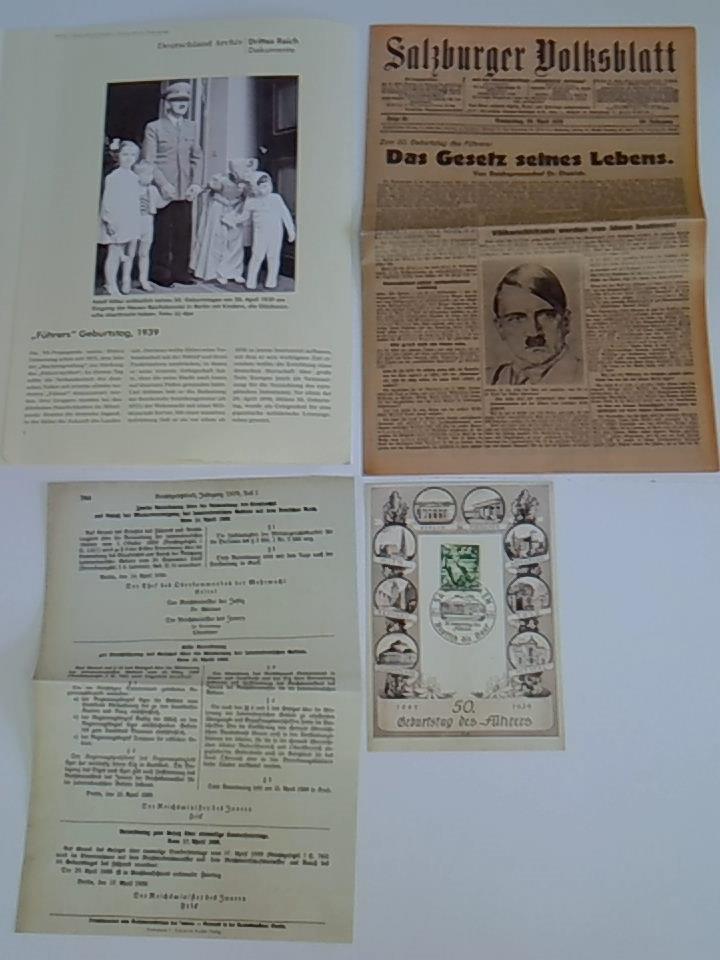'Führers' Geburtstag, 1939. Drei original Dokumente mit erläuterndem Text und Bildmaterial