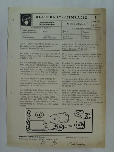 Blaupunkt-Werke GmbH, Hildesheim (Hrsg.) - Blaupunkt-Heimradio. Technisches Rundschreiben I 1. KDB-HR 2/65: Einstellung der grten Schaltempfindlichkeit am Blaupunkt Automatik Stereo-Decoder VI 25900