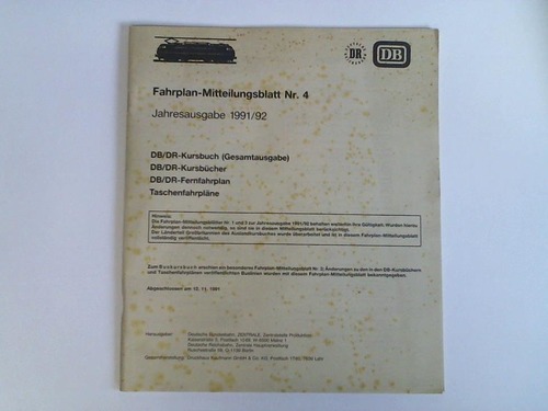 Deutsche Bundesbahn, Mainz (Hrsg.) - Fahrplan-Mitteilungsblatt Nr. 4 - Jahresausgabe 1991/92