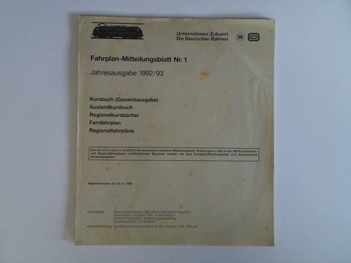 Deutsche Bundesbahn, Mainz (Hrsg.) - Fahrplan-Mitteilungsblatt Nr. 1 - Jahresausgabe 1992/93