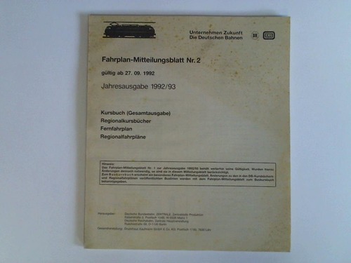Deutsche Bundesbahn, Mainz (Hrsg.) - Fahrplan-Mitteilungsblatt Nr. 2 - Jahresausgabe 1992/93, gltig ab 27. 09. 1992