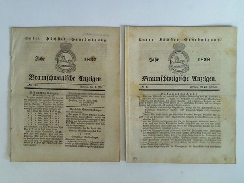 Braunschweigische Anzeigen - Jahr 1837, No. 102 - Montag, den 1. Mai / Jahr 1838, No. 47 - Freitag, den 23. Februar. Zusammen 2 Ausgaben