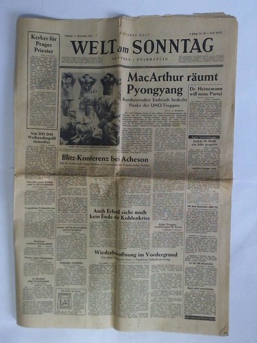 Welt am Sonntag - Ausgabe West - 3. Jahrgang, Nr. 49, Sonntag, 3. Dezember 1950: MacArthur rumt Pyongyang. Rotchinesischer Einbruch bedroht Flanke der UNO-Truppe