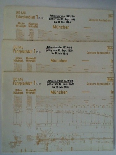 Bundesbahndirektion Mnchen - Fahrplanblatt 1 / Jahresfahrplan 1979/80. Gltig vom 30. Sept. 1979 bis 31. Mai 1980 - 3 Bildfahrplne (von 4) (Fahrplanblatt 1) fr den Zeitraum 6 - 12 Uhr / 12 - 18 Uhr / 18 - 24 Uhr