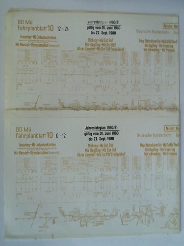 Bundesbahndirektion Mnchen - Fahrplanblatt 10 / Jahresfahrplan 1980/81. Gltig vom 1. Juni 1980 bis 27. Sept. 1980 - 2 Bildfahrplne (10) fr den Zeitraum 0 - 12 Uhr und 12 - 24 Uhr