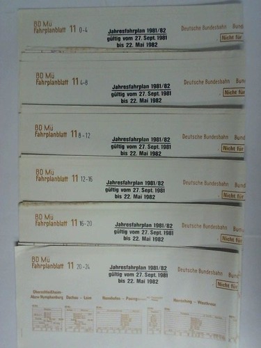 Bundesbahndirektion Mnchen - Fahrplanblatt 11 / Jahresfahrplan 1981/82. Gltig vom 27. Sept. 1981 bis 22. Mai 1982 - 6 Bildfahrplne (11) fr den Zeitraum 0 - 4 Uhr / 4 - 8 Uhr / 8 - 12 Uhr / 12 - 16 Uhr / 16 - 20 Uhr / 20 - 24 Uhr