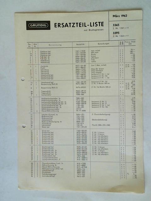 Grundig (Hrsg.) - Ersatzteil-Liste mit Bruttopreisen vom Mrz 1962: 3365 Z. Nr. 1261-11, 3395 Z. Nr. 1263-11