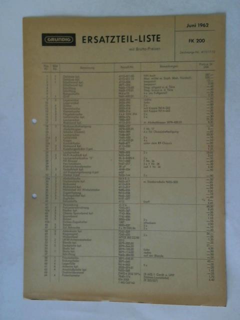 Grundig (Hrsg.) - Ersatzteil-Liste mit Brutto-Preisen vom Juni 1962: FK 200 Zeichnungs-Nr. 4112-11/12