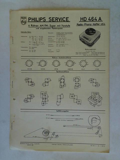 Deutsche Philips G. M. B. H., Service-Abteilung, Hamburg (Hrsg.) - Reparaturdiensthilfe mit Schaltplan: Philips Service. 6 Rhren AM/ FM- Super mit Vorstufe und eingebauten Plattenspieler: HD 464 A Radio-Phono-Koffer 464