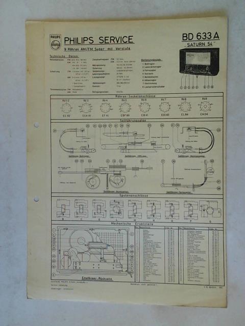 Deutsche Philips G. M. B. H., Service-Abteilung, Hamburg (Hrsg.) - Reparaturdiensthilfe mit Schaltplan: Philips Service. 9 Rhren AM/ FM Super mit Vorstufe: BD 633A Saturn 54