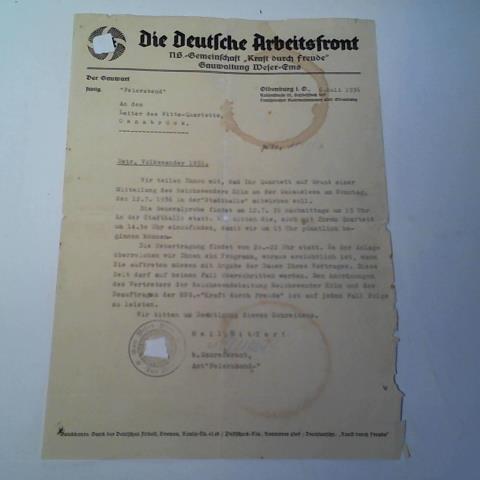 Deutsche Arbeitsfront - Brief-Aufforderung an das Witte-Quartett aus Osnabrck. Es soll im Rundfunk auftreten und es mge sich vorher zur Generalprobe am 12.07.1936 in der Stadthalle in Oldenburg einfinden