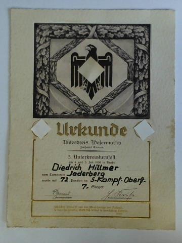 (Urkunde) - Urkunde Unterkreis Wesermarsch, Fachamt Turnen - 3. Unterkreisturnfest am 4. und 5. Juli 1936 im Brake. Diedrich Hillmer vom Turnverein Jaderberg wurde mit 72 Punkten im 5-Kampf-Oberst. 7. Sieger
