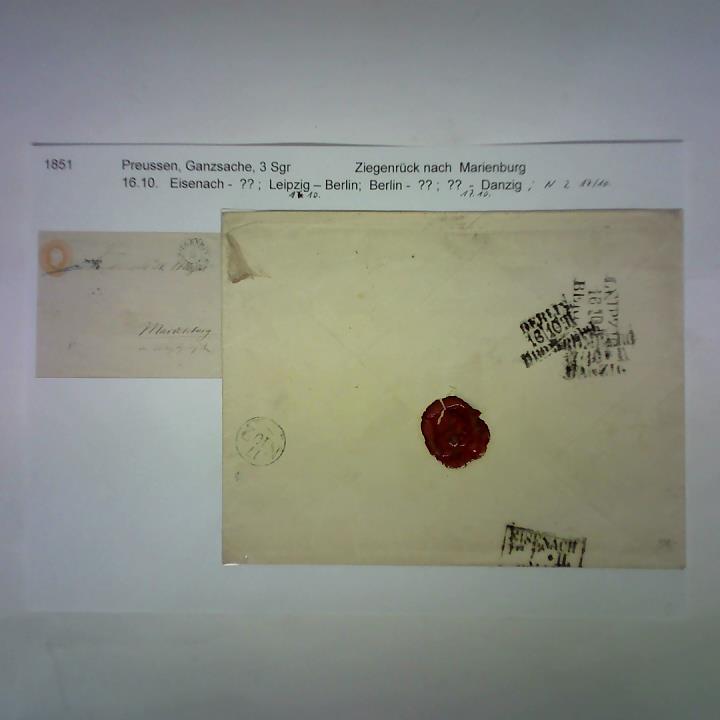 Preussen-Bahnpost-Ganzsache - Drei Silbergroschen-Marke, von Ziegenrck nach Marienburg, 16. 10. Eisenach - ??; Leipzig - Berlin; Berlin - ??; ?? - Danzig; N 2 17/10