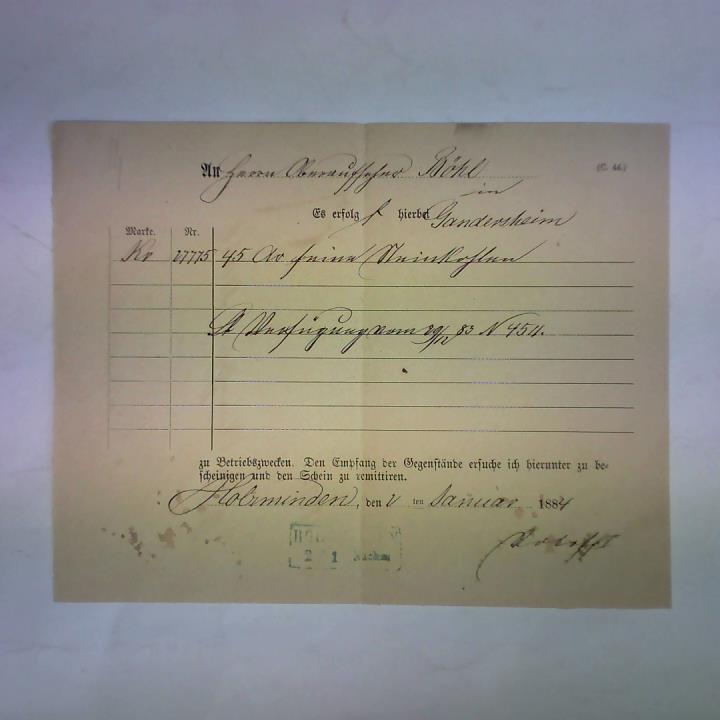 (Preuische Staatseisenbahn) - Freigut (Frachtschein/Frachtbrief), von Holzminden nach Gandersheim, Holzminden, den 2. Januar 1884