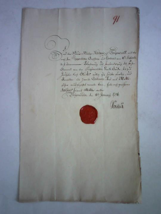 Freyenwalde (Bad Freienwalde) - Urkunde mit Commissionssiegel, betreffend einen Contract mit dem Mauer-Meister Hartwig zu Freyenwalde 1796