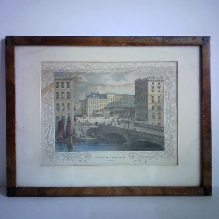 Gray, James (1813 - 1868) - Holzbrcke und Hopfenmarkt in Hamburg - Kolorierter Stahlstich mit breiter Bordre, nach C. M. Laeisz