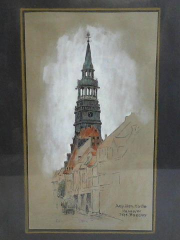 Baecker, Johannes (10. 5. 1874, Bromberg - 26. 2. 1957, Celle) - Aegidien-Kirche, Hannover - Federzeichnung mit Pastellkreide erhht