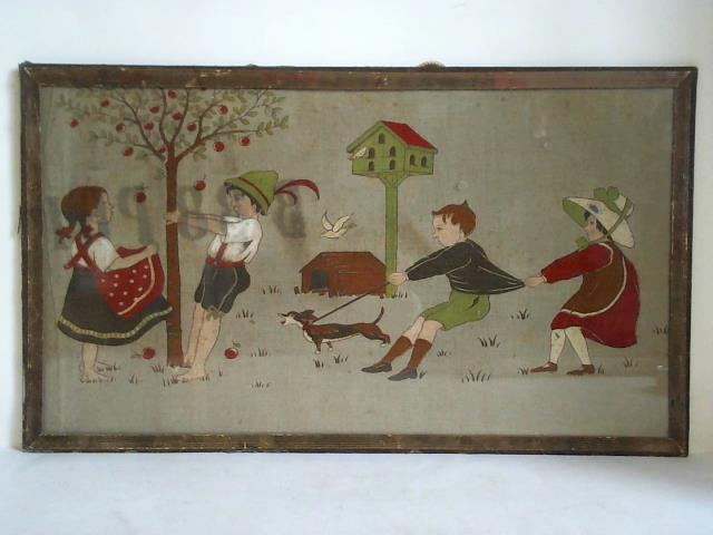 (Original-Grafik) - Spielende Kinder am Apfelbaum mit Hund, Hundehtte und Taubenhaus - Farbige Malerei auf Leinen
