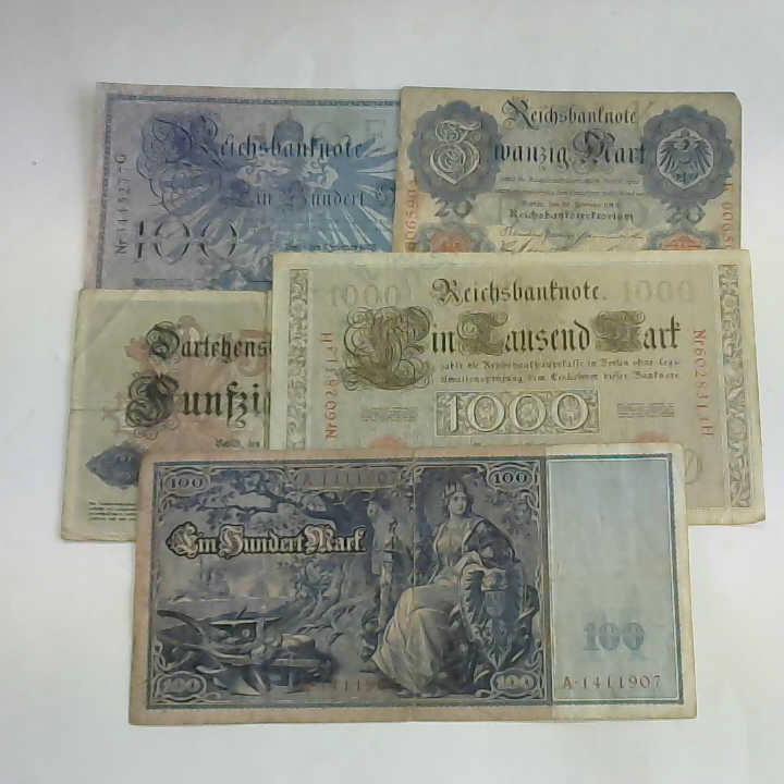 Banknoten der Kaiserzeit - Fnf deutsche Reichsbanknoten
