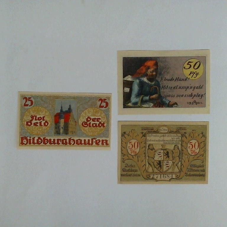 3 Notgeldscheine der Stadt Hildburghausen: 25 Pfennig und 2 x 50 Pfennig
