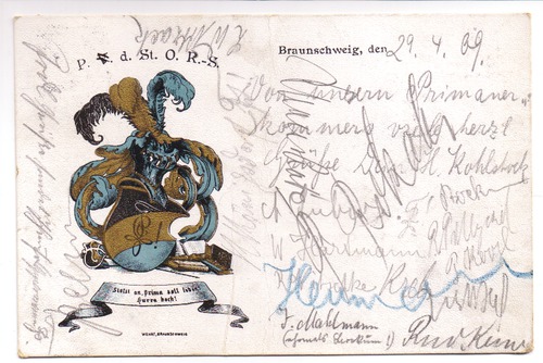 Braunschweig - Studentenverbindung - Postkarte: Wappen: P. d. St. O. R.-S. - Stosst an. Prima soll leben! Hurra hoeh!